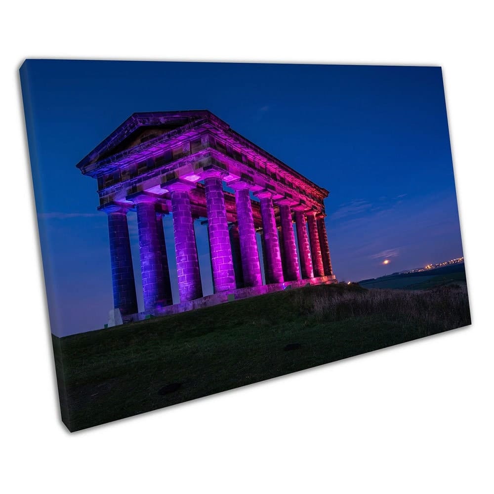 Purple Blue Red Illuminated Penshaw Monument at Night Ready to Hang Wall Art Print Mounted Canvas print
