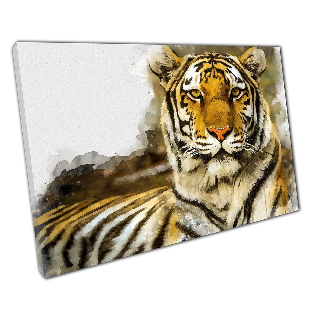 Splendida tigre selvaggia rilassata a riposo con calma gatto grande dipinto ad acquerello digitale Stampa artistica da parete su tela stampare in tela montata