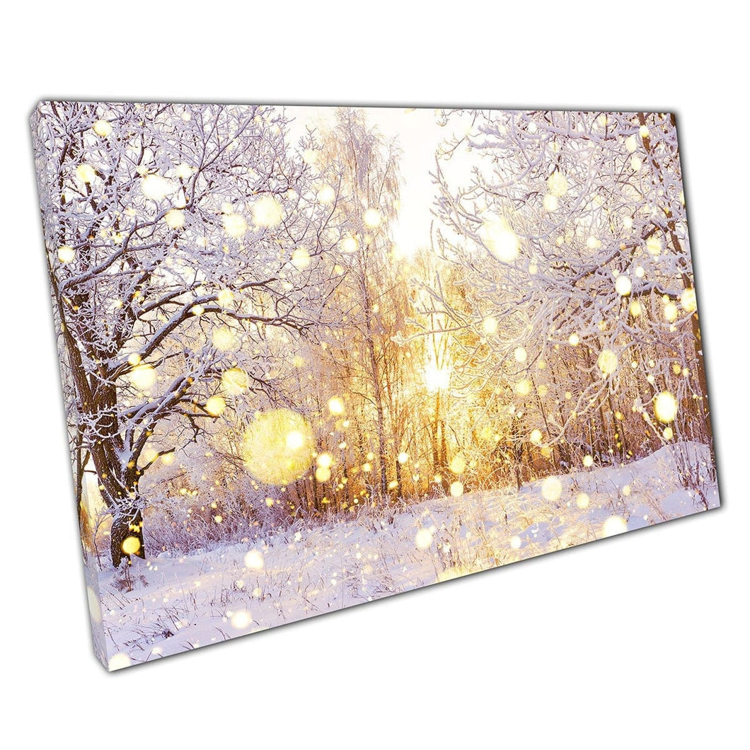 Golden Sunset Shining Through A Snowy Woodland Forest Winter Wonderland Landscape Wall Art Print On Canvas Mounted Canvas print