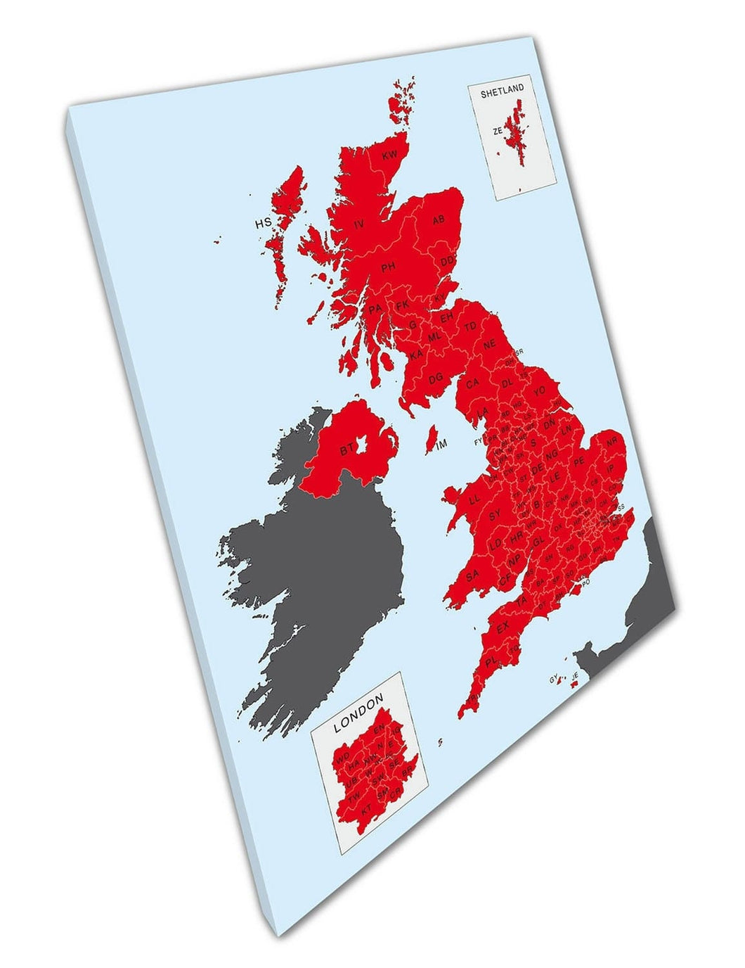 Light Blue & Block Red postcode map of the United Kingdom Ready to Hang Wall Art Print Mounted Canvas print