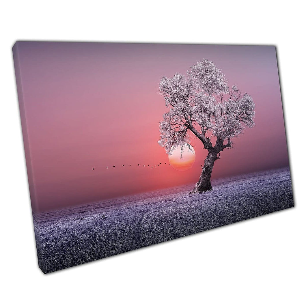 Roze paarse zonsondergang met lommerrijke boomcanvas muurkunstafdruk op canvas gemonteerde canvas print