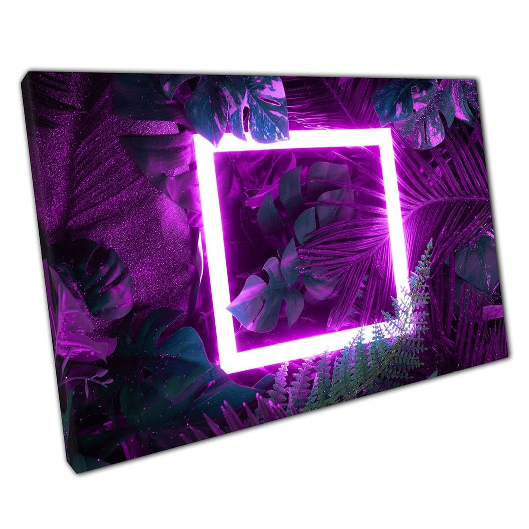 Fluorescerend vierkant met levendige paarse groene tropische exotische bladeren concept artwork wall art print op canvas gemonteerde canvas print