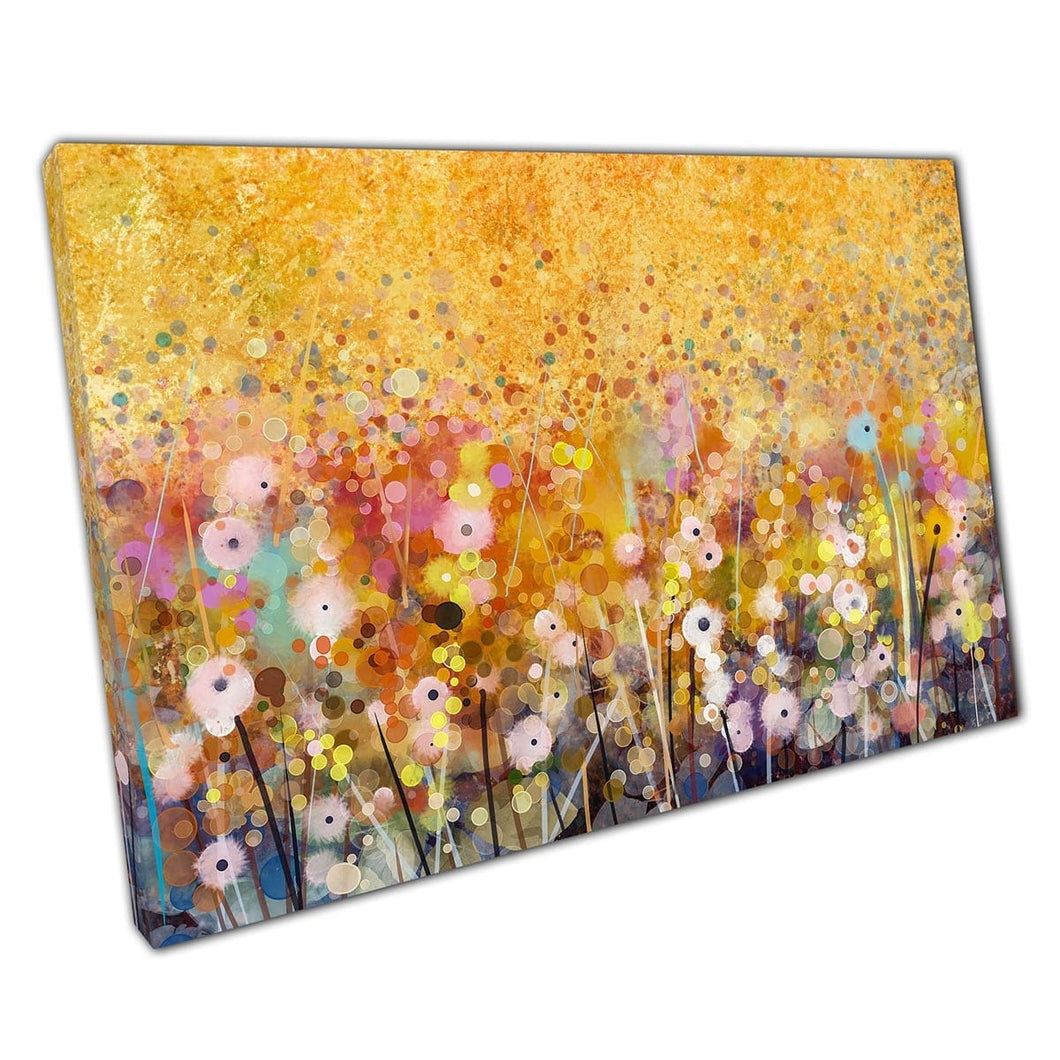Beautiful Abstract White Flowers Under A Golden Yellow Sky Floral Field Painted Style Wall Art Print On Canvas Mounted Canvas print