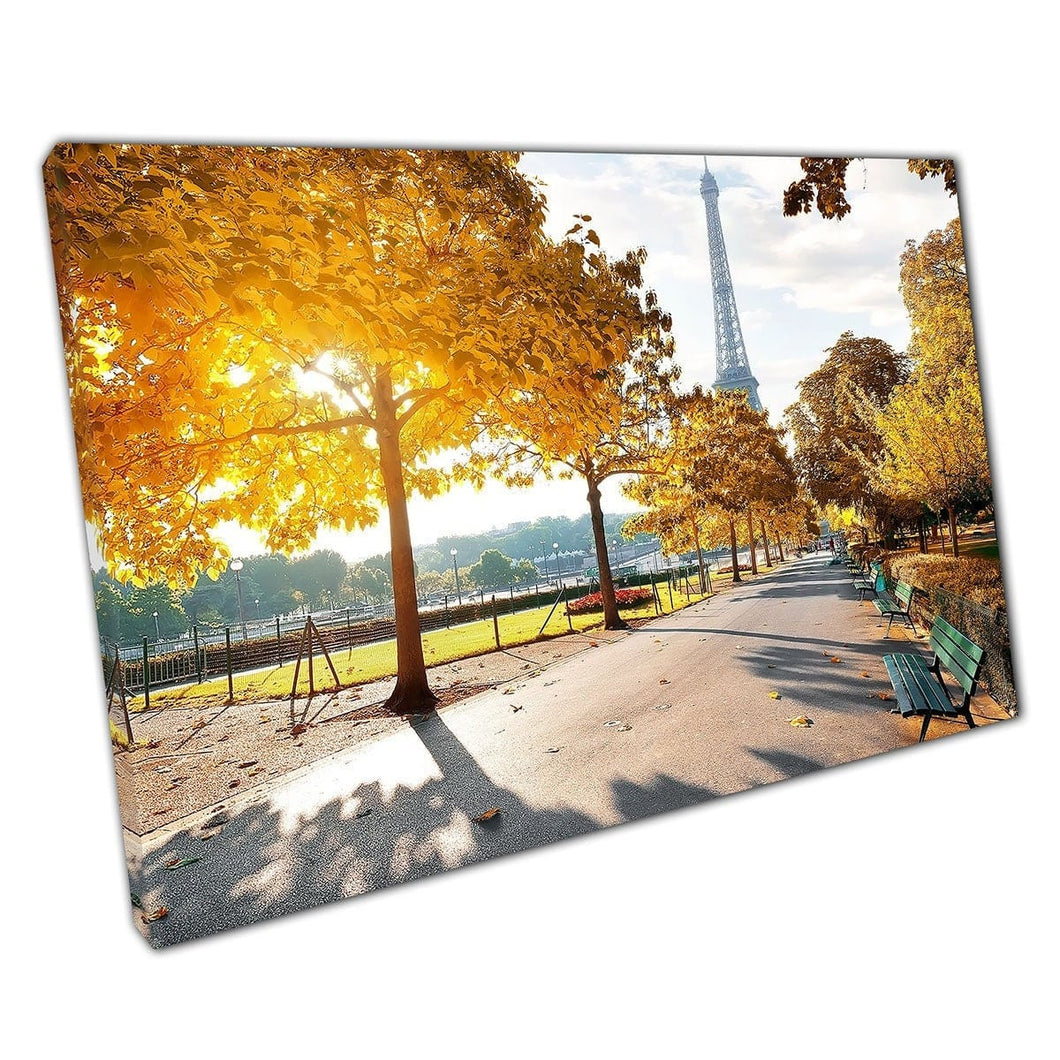 Sunny Autumn Morning Giallo Foglie Eiffel Tower Paris France Wall Art Stampa su tela di tela montata