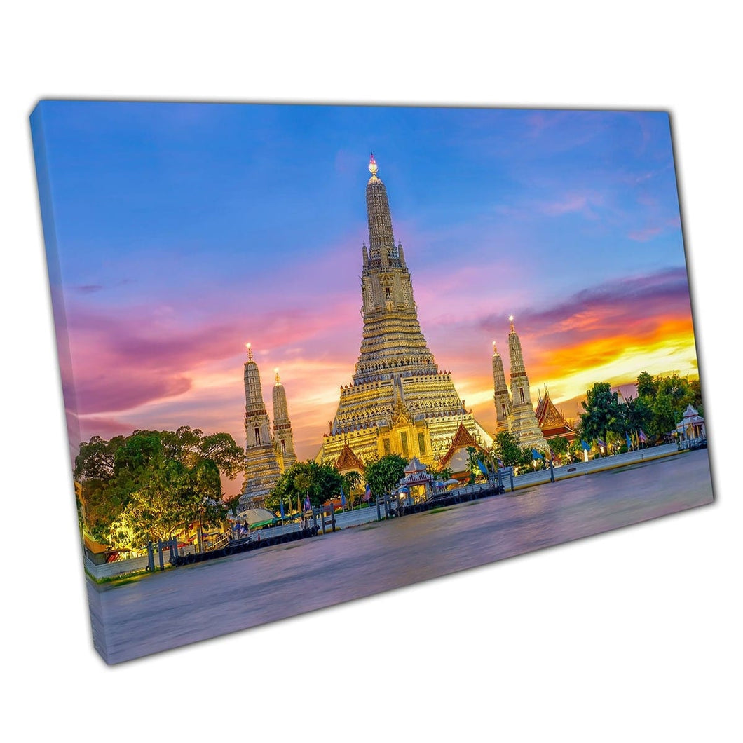 Mooie Wat Arun -tempel tijdens een warme kleurrijke zonsondergang Bangkok Thailand Handmark Wall Art Print op canvas gemonteerde canvas print