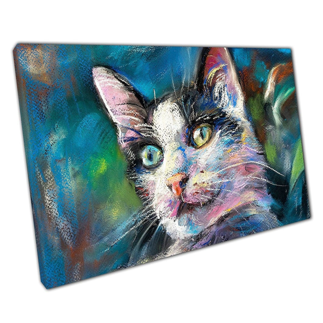 Zwart -witte kat Pastel Painting Wall Art Print op canvas gemonteerde canvas print