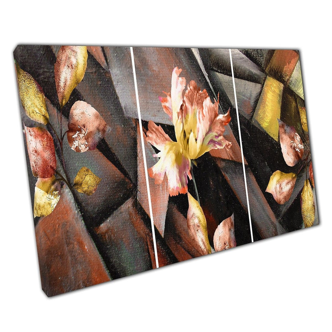 Contrasterende zwartgele oranje bloemen tegen hoekige geometrische abstracte vormen muurkunstafdruk op canvas gemonteerde canvas print