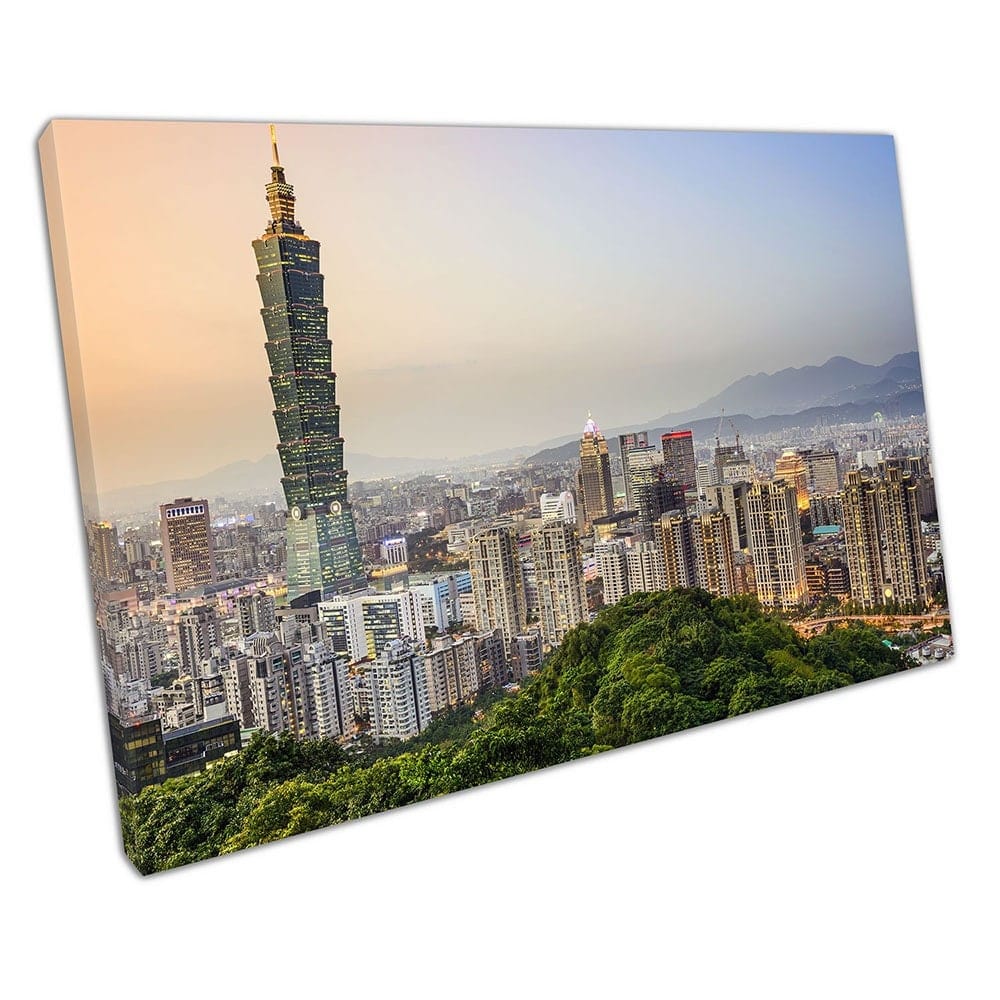 Taipei City hoofdstad van Taiwan Skyscrapers City Skyline klaar om muurwand te hangen op canvas gemonteerde canvas print