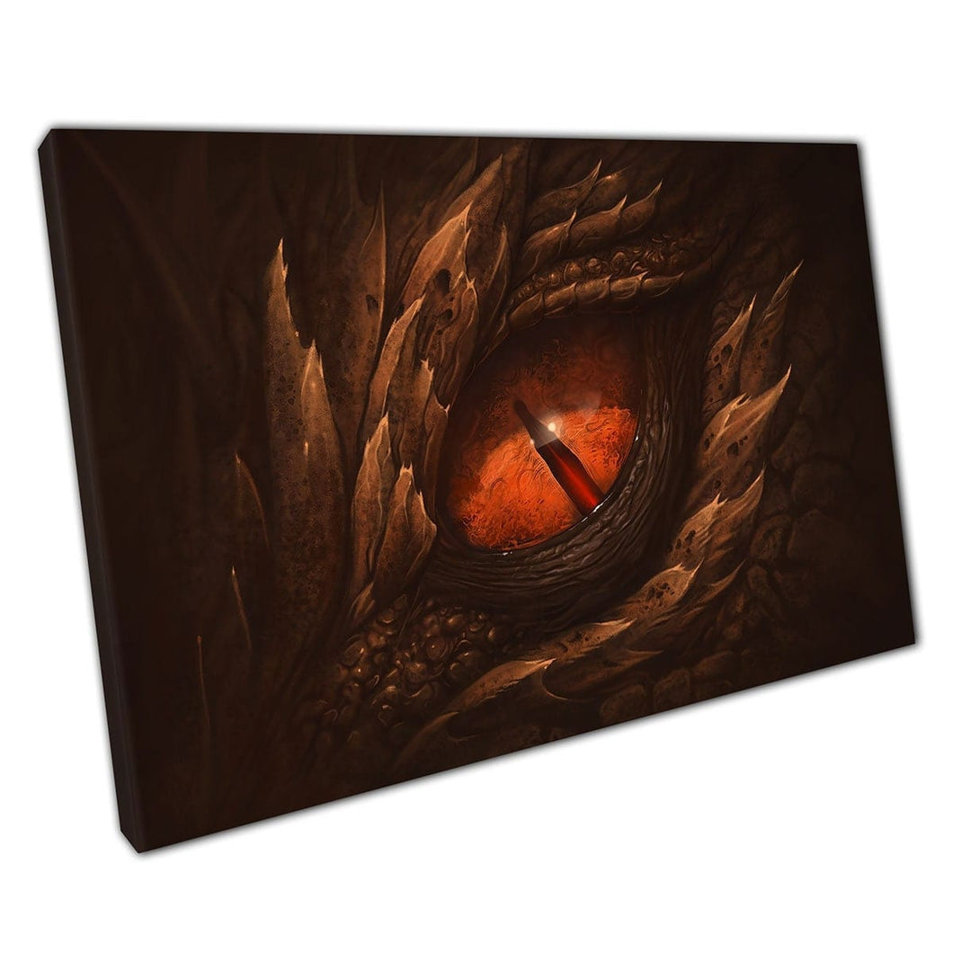 Levendige Amber Orange Fantasy Dragon Eye omringd door bruine stoere schalen magische muurkunstafdruk op canvas gemonteerde canvas print