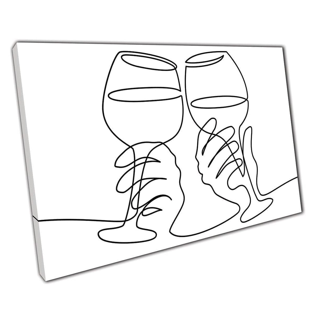 Minimalistische continue lijntekening van handen juichend met wijnwandkunstafdruk op canvas gemonteerde canvas print