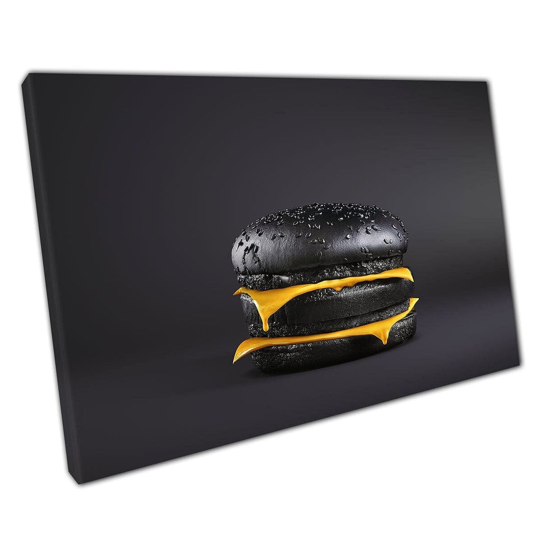 Zwarte hamburger met smeltende kaas surrealisme voedsel concept statement food fotografie muur kunst print op canvas gemonteerde canvas print