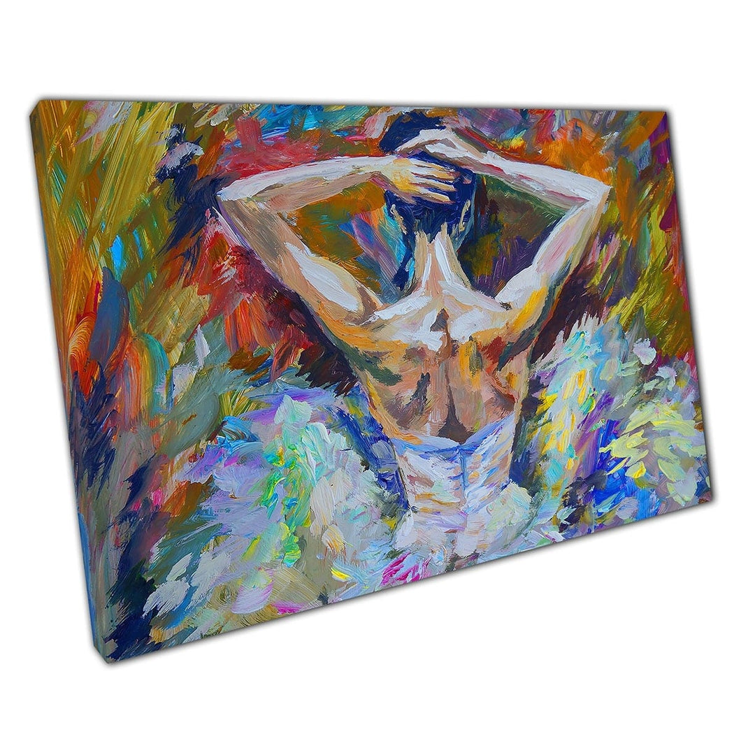 Kleurrijke textureerde ballerina in kledingbindend haar omhoog abstracte borstelstreken muurkunst print op canvas gemonteerde canvas print