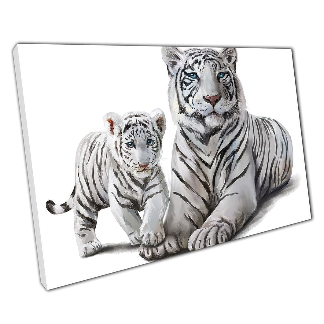 Tigre bianca madre e cucciolo legante rilassante dipinto ad acquerello stile illustrazione arte wall art stampare su tela di tela montata