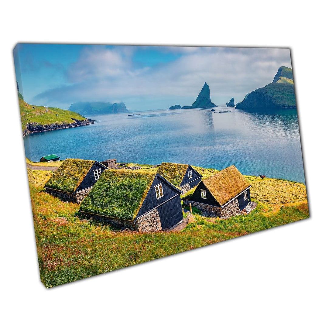 Beautiful Grassy Bour Village Tindholmur Cliffs In The Distant Seascape Denmark Wall Art Print On Canvas Mounted Canvas print