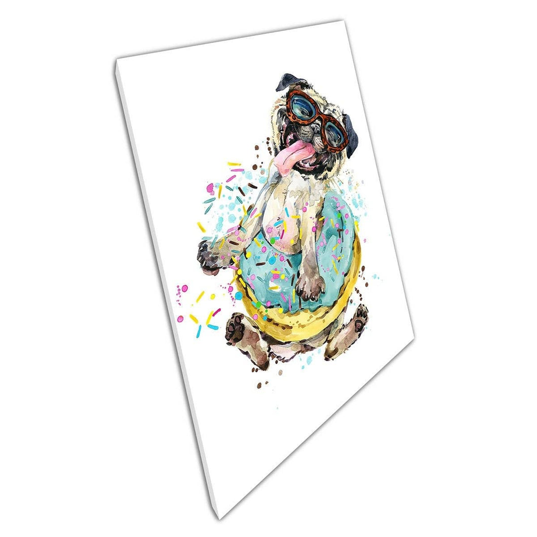 Schattige grappige pughond in zonnebrillen spelen in donut waterverf illustratie muurkunst print op canvas gemonteerde canvas print