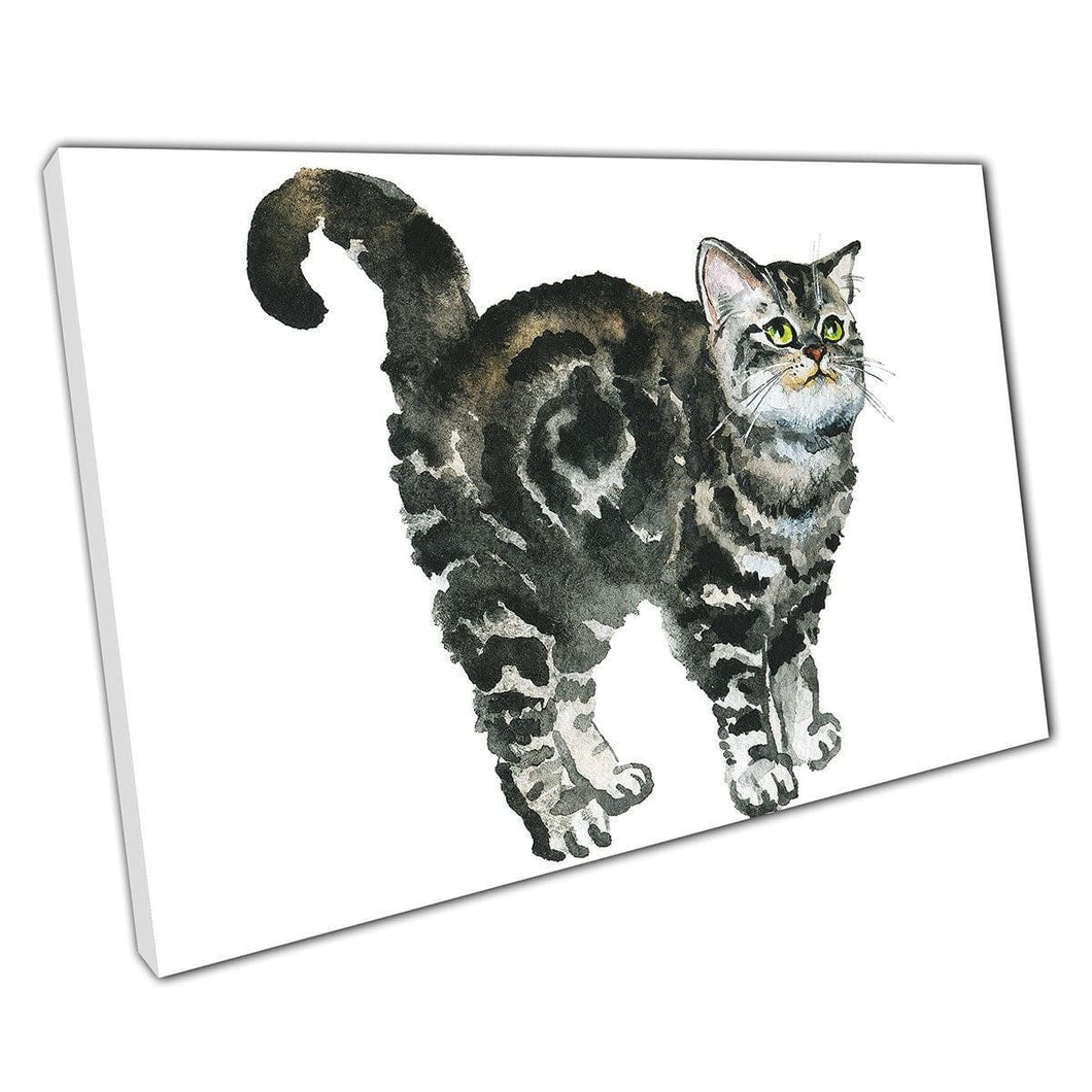 Fluffy grijs tabby kitten waterverf schilderen illustratie muurkunst print op canvas gemonteerde canvas print