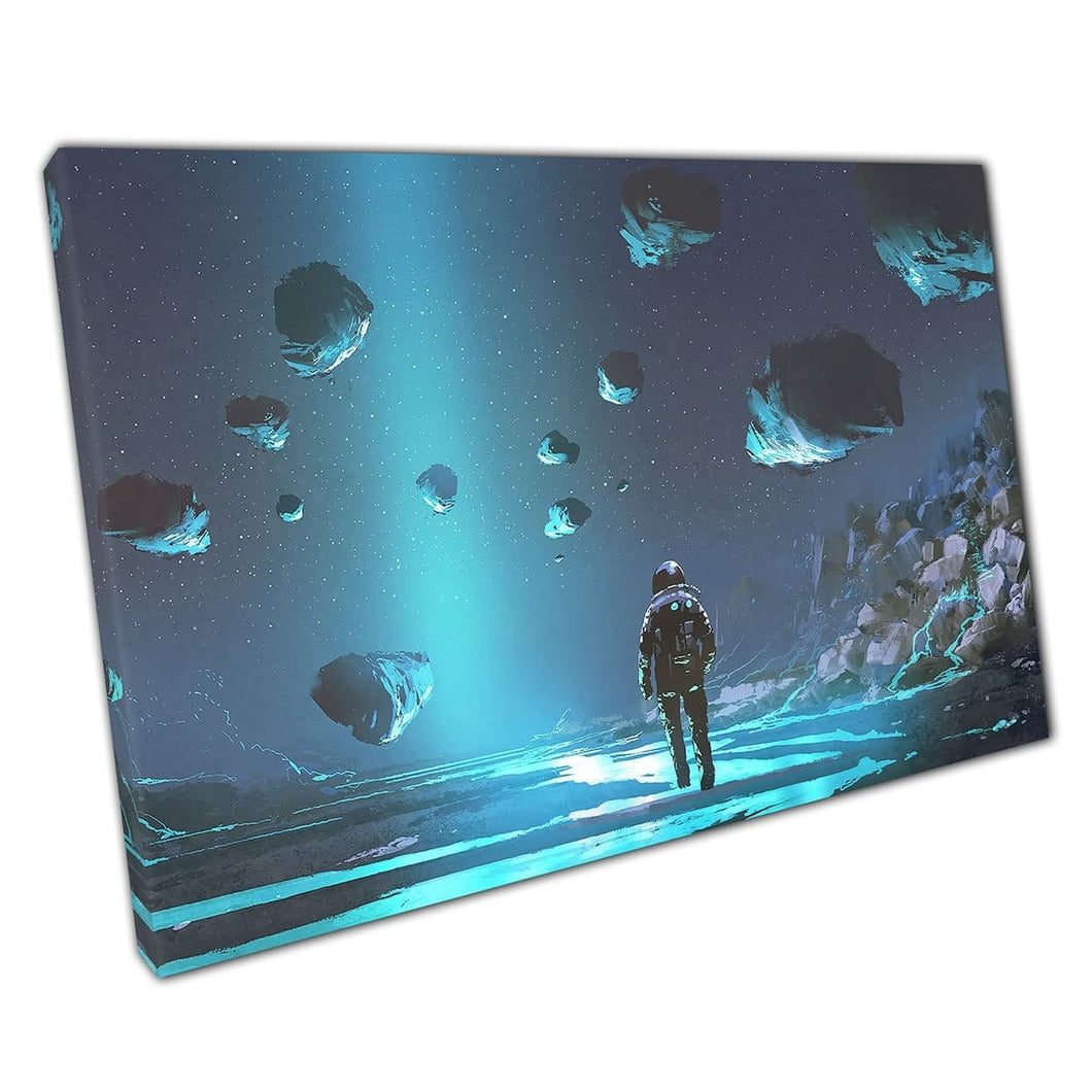 Astronaut Exploring Turquoise Planet Floating Anti-Gravity Blue Rocks Minerals Wall Art Print On Canvas Mounted Canvas print