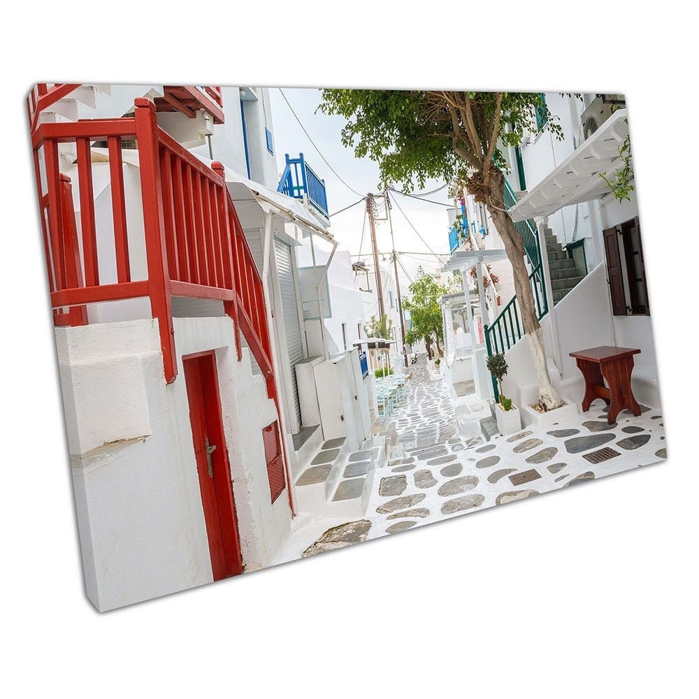 Mykonos town street with tree & red banisters Greece Ready to Hang Canvas Wall Art Print Mounted Canvas print