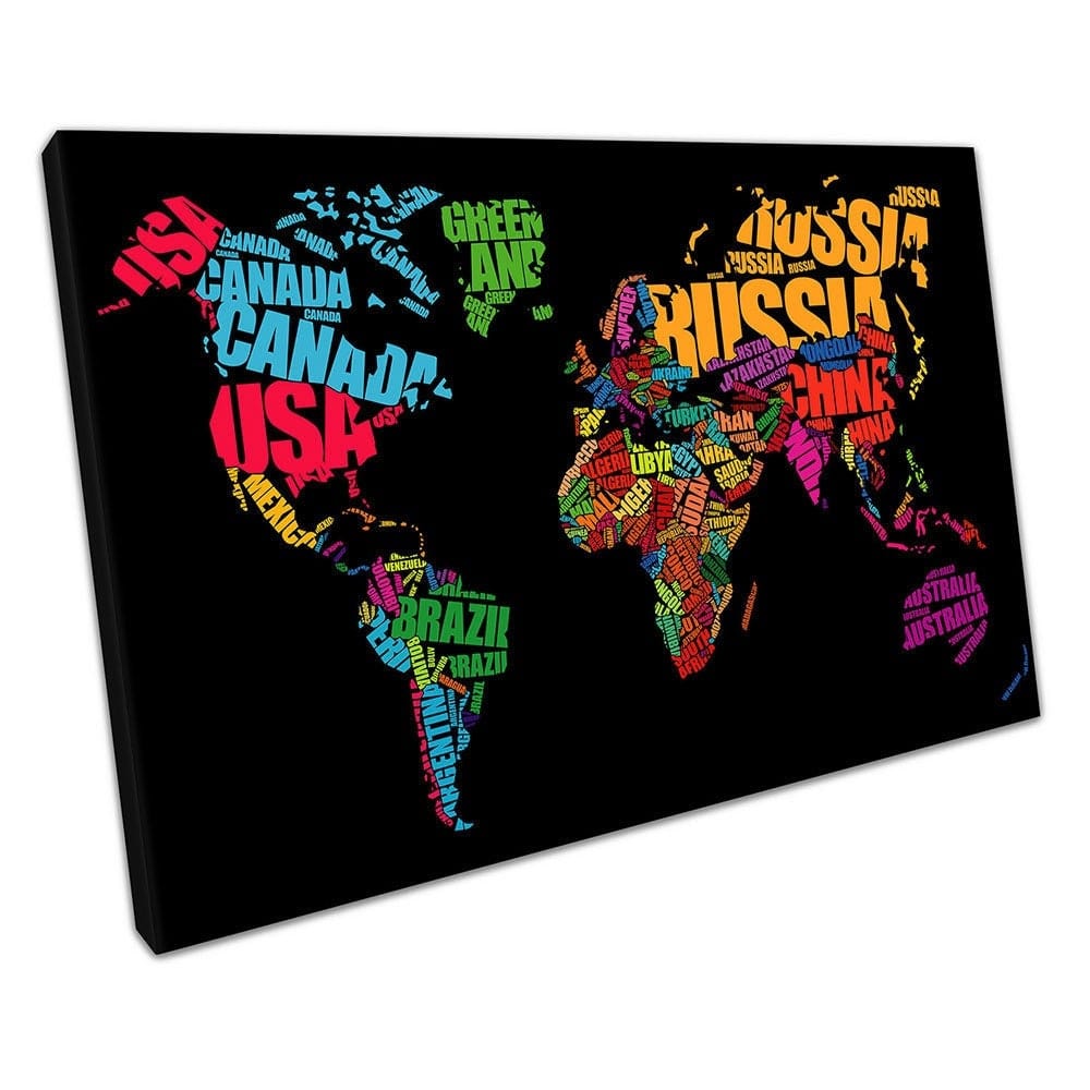 Zwarte wereldkaart woord cloud typografie kunstlanden namen klaar om muur kunst te hangen print gemonteerd canvas print