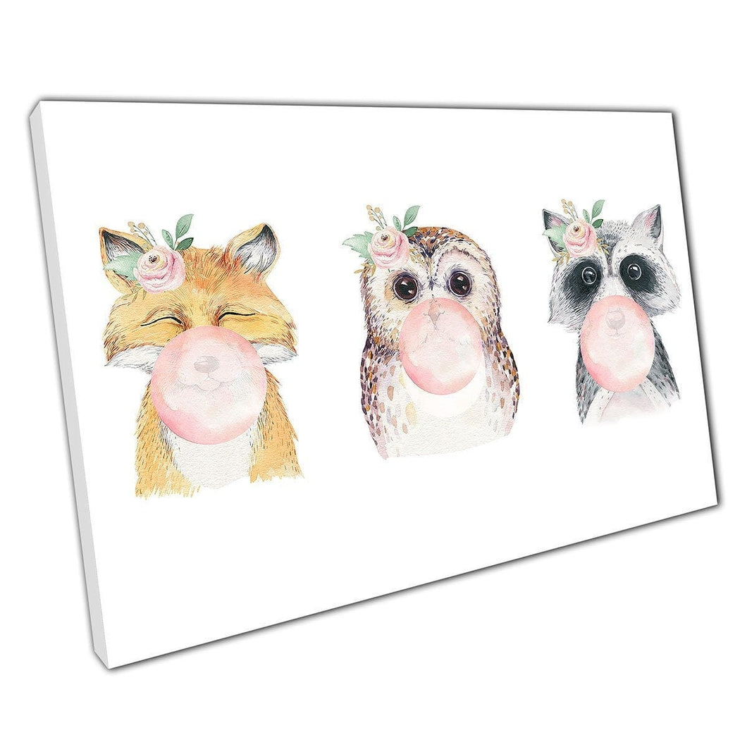 Schattige kauwgom vrienden aquarel illustratie Fox Owl Raccoon Wildlife Schattige kunst aan de muur op canvas gemonteerde canvas print
