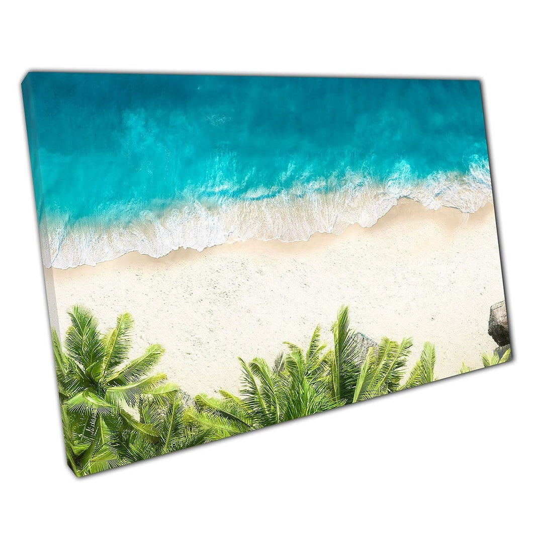Aerial View Of Empty Sandy Serene Beach With Palm Trees Tropical Holiday Aesthetic Wall Art Print On Canvas Mounted Canvas print