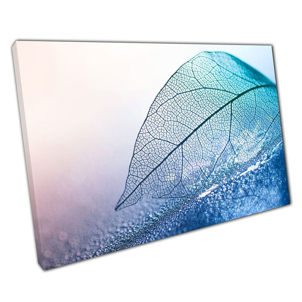 Beautiful Blue Skeleton Leaf Resting On Water Droplets Detailed Macro Photography Wall Art Print On Canvas Mounted Canvas print