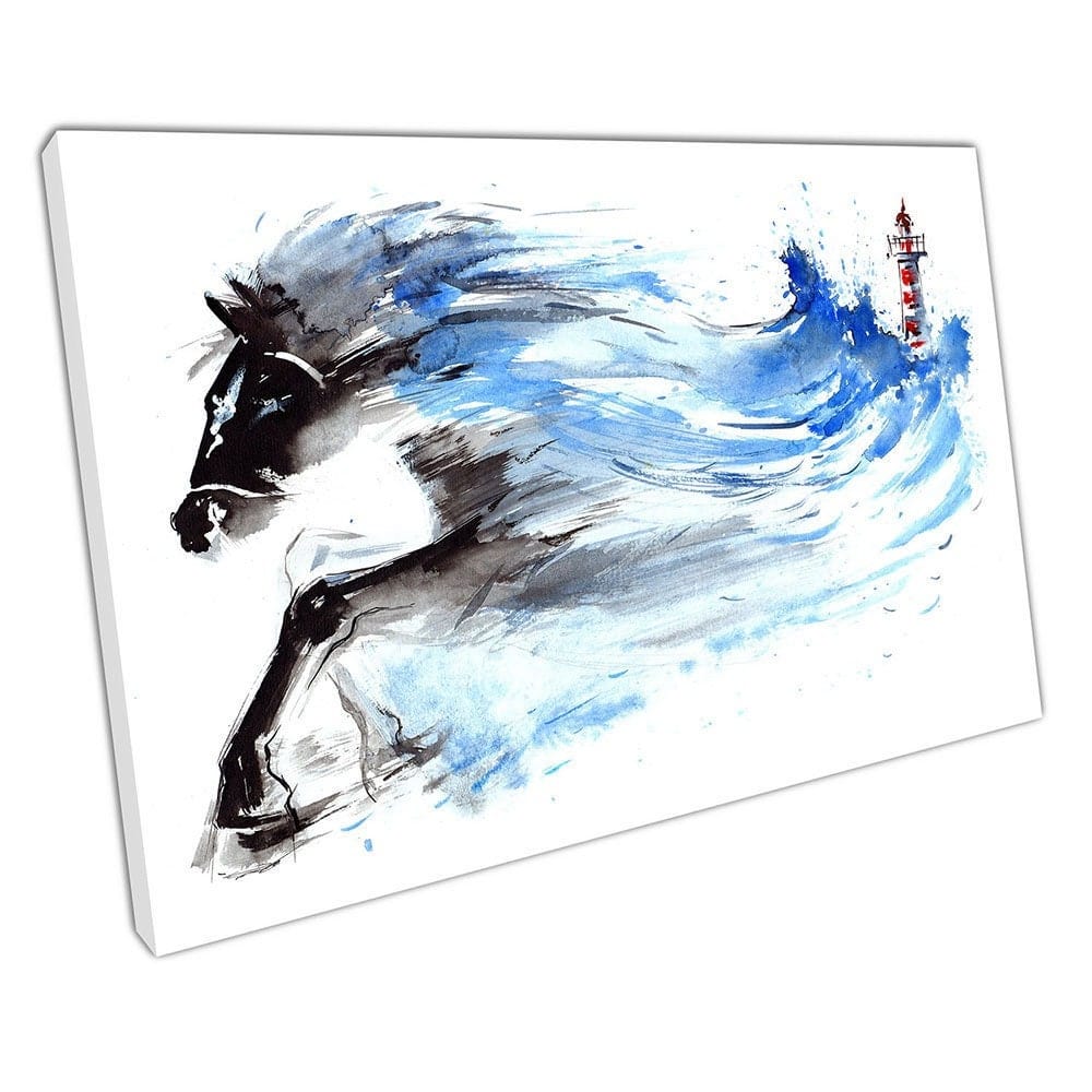Lighthouse Storm Force Raging Sea Horses Black & Blue klaar om muurwand te hangen afdrukken gemonteerde canvas print