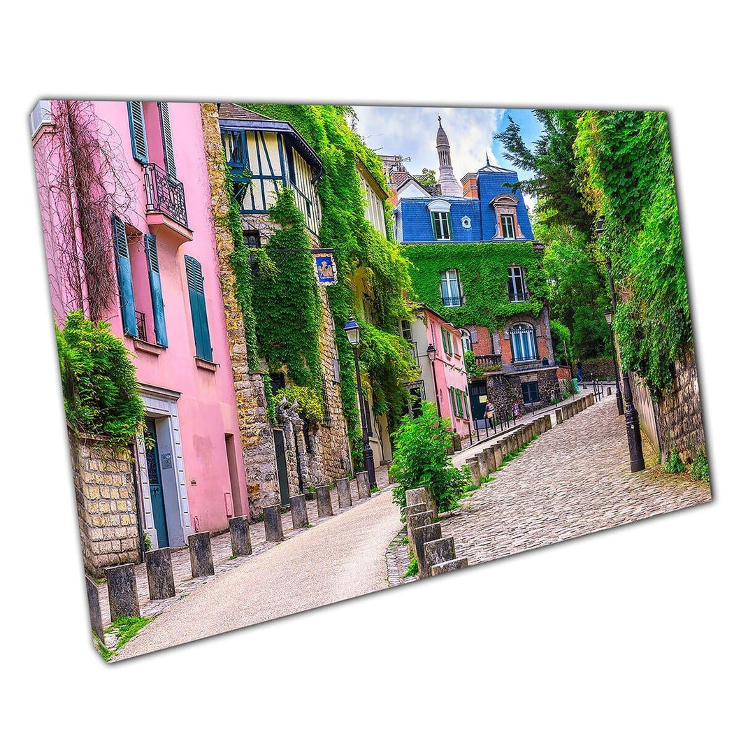 Kleurrijke straat in Montmartre Paris France Traditional Architecture Cityscape Wall Art Print op canvas gemonteerde canvas print
