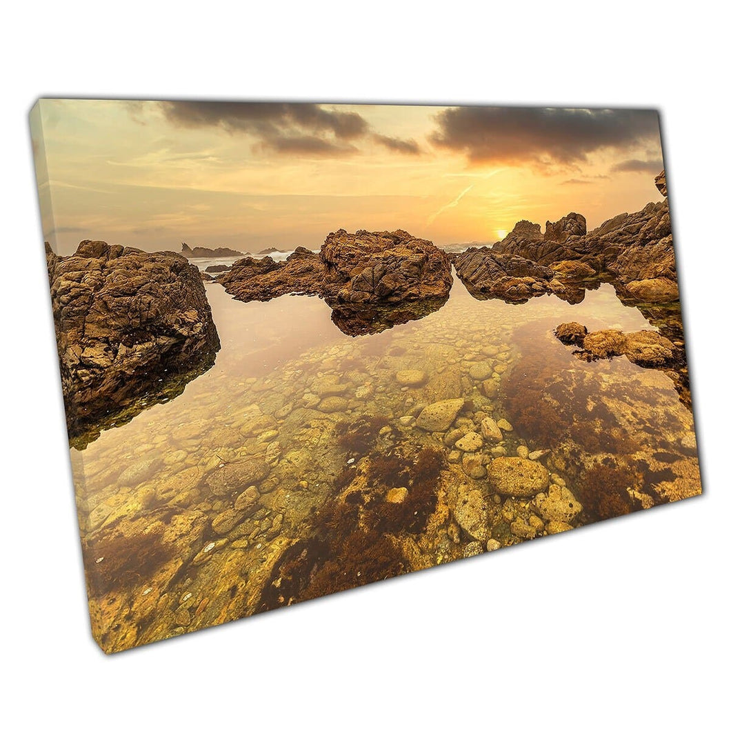 Beautiful Shallow Seascape Clear Rocky Ocean Under A Golden Sky Californian Seashore Wall Art Print On Canvas Mounted Canvas print
