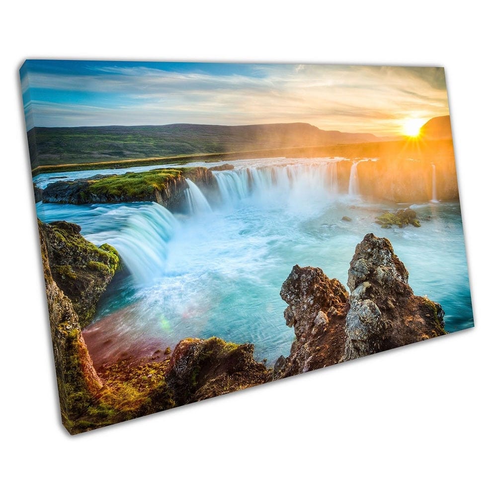 Beautiful Iceland waterfall Godafoss at sunset landscape Canvas Wall Art Print On Canvas Mounted Canvas print