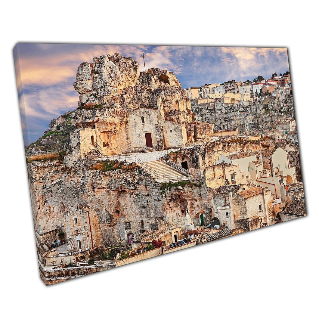 Sunset sulla città vecchia sassi di matera basilicata italia chiesa Santa maria de idris wall art stampa