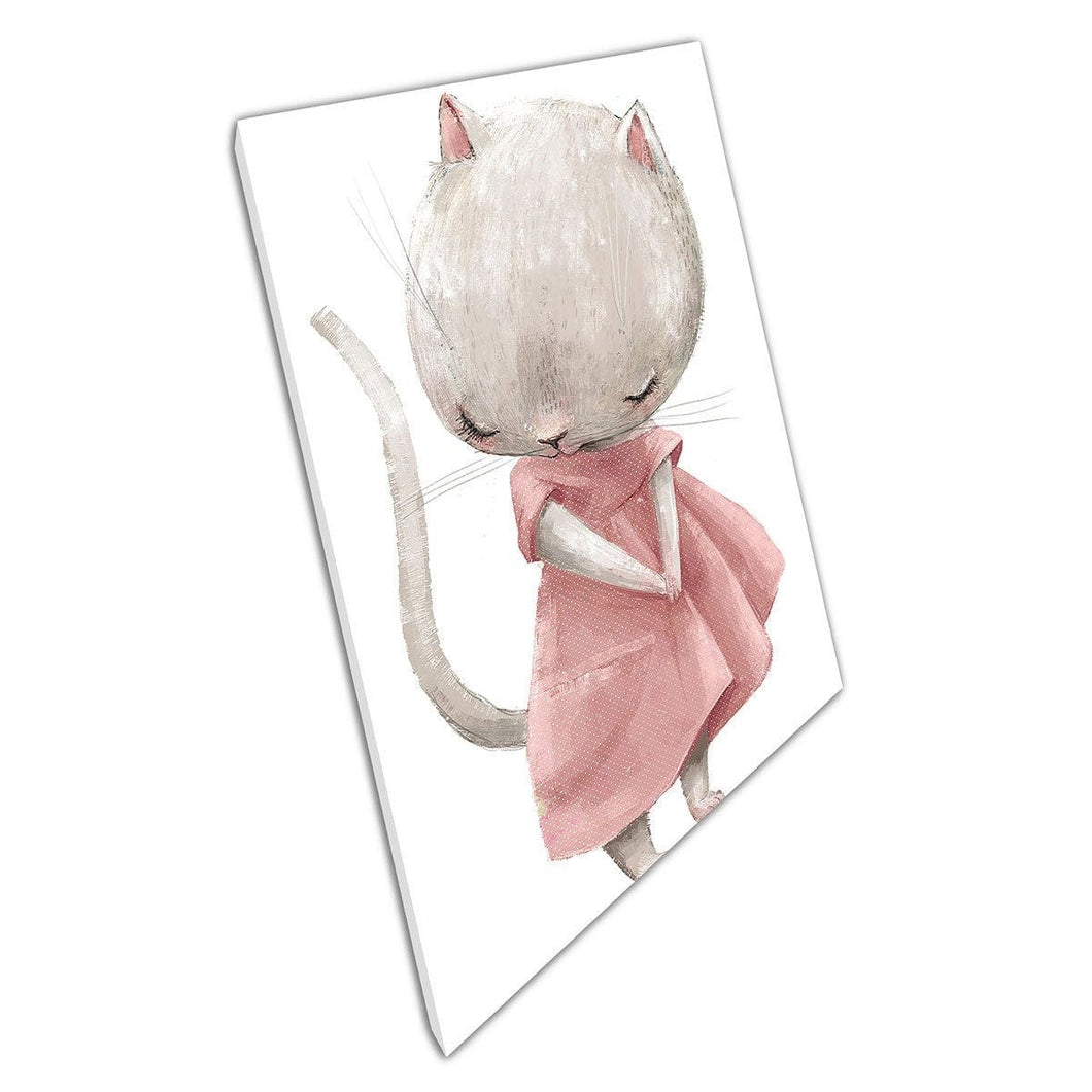 Schattige cartoon klein meisje kitten kat in roze jurk kinderkamer kinderdagverblijf wall art print op canvas gemonteerde canvas print