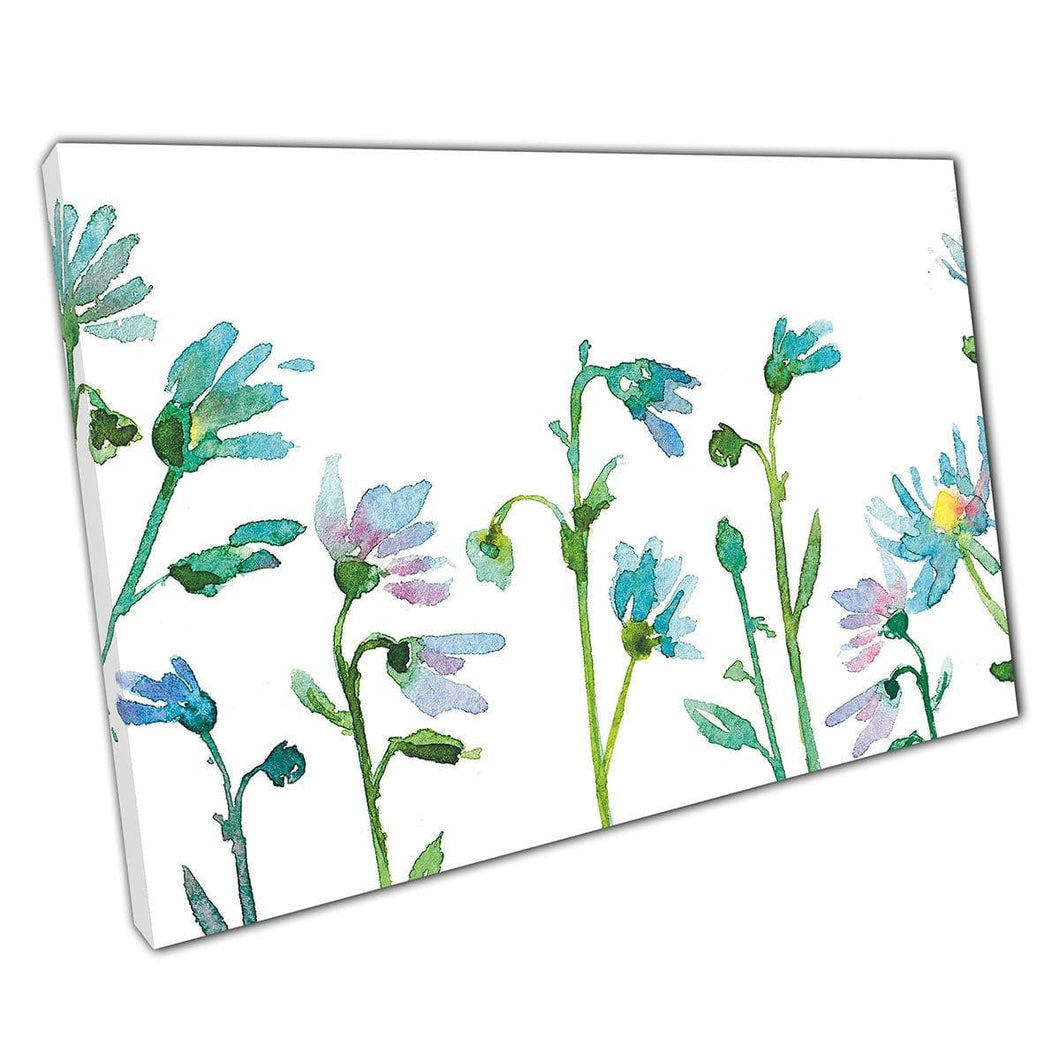 Abstract Watercolour Minimal Blue Teal Flowers Painting Wall Art Print On Canvas Mounted Canvas print