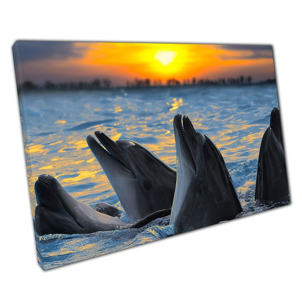 Dolfijnen in de fles genoten genieten van de zonsondergang Sea Life Photography Wall Art Print op canvas gemonteerde canvas print