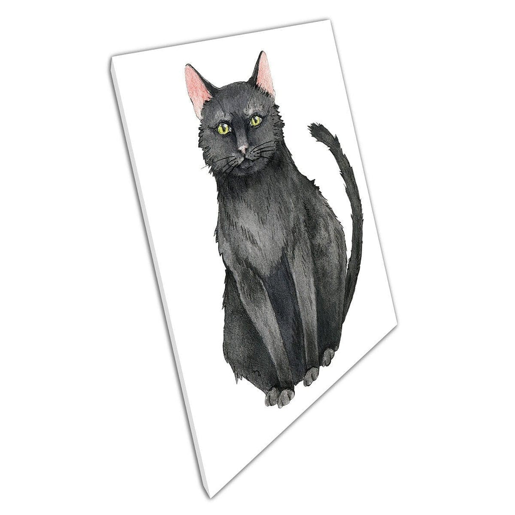 Schattige zwarte mysterieuze kat met gele ogen aquarel schilderij illustratie muurkunst print op canvas gemonteerde canvas print