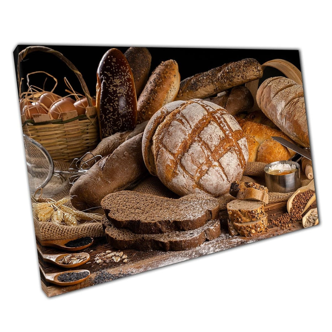 Selection Of Warm Freshly Baked Bread With Flour And Seeds Bakery Rustic Cooking Food Wall Art Print On Canvas Mounted Canvas print