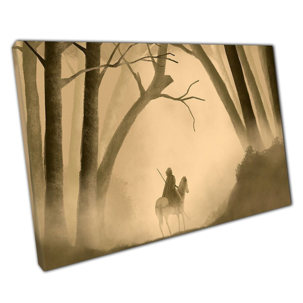 Nieuwsgierige krijger te paard die in mysterieuze misty Fantasy Forest Sepia Gestemde muurkunstafdruk op canvas gemonteerde canvas print rijden