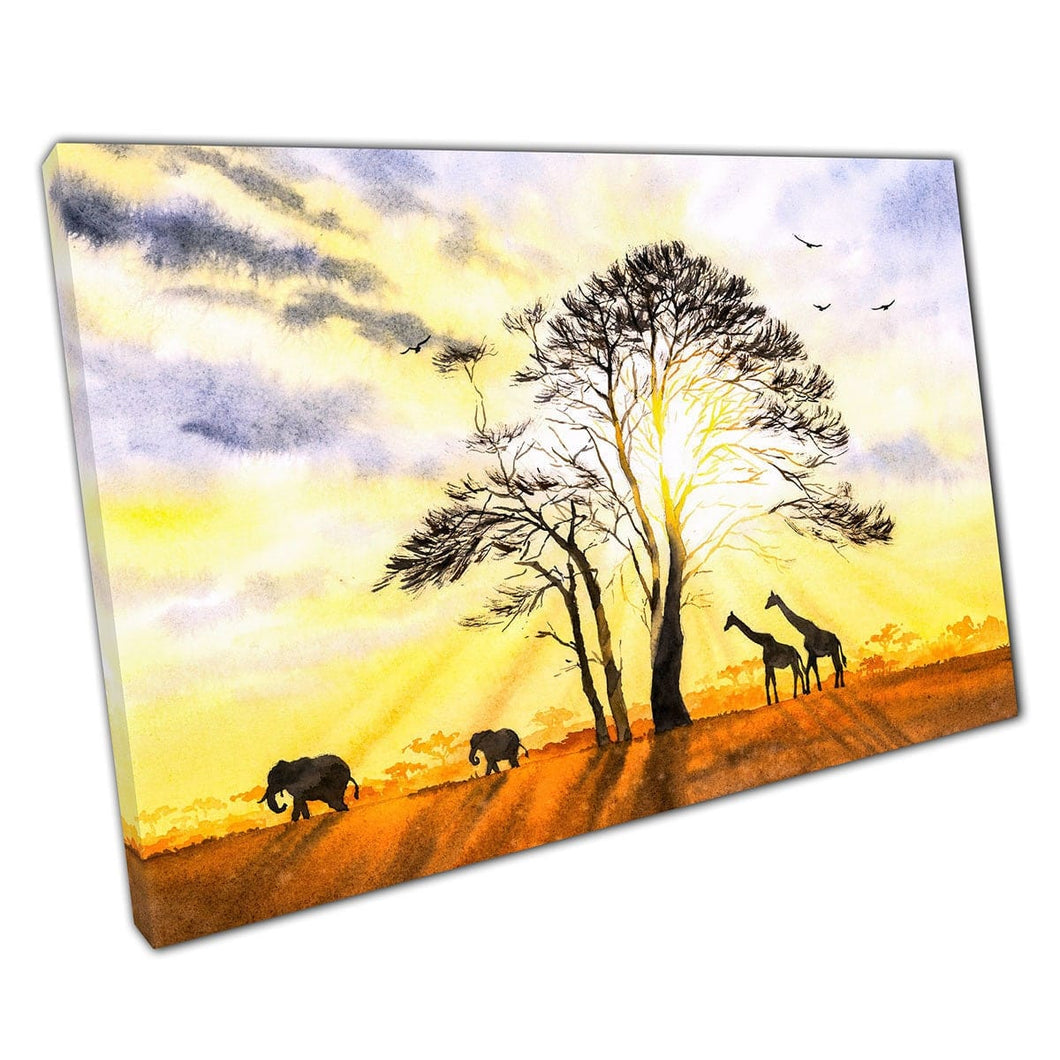 Sole che splende all'alba attraverso un vasto albero sulle praterie africane giraffe elefanti stampare arte da parete su tela stampata