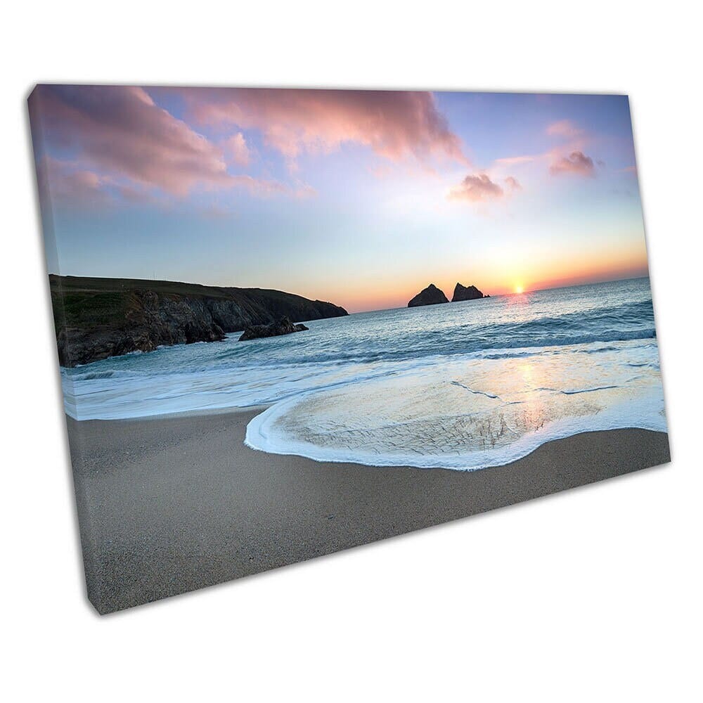 Dramatische zonsondergang Holywell Bay Beach in de buurt van Newquay Cornwall Wall Art Print Mounted Canvas Print