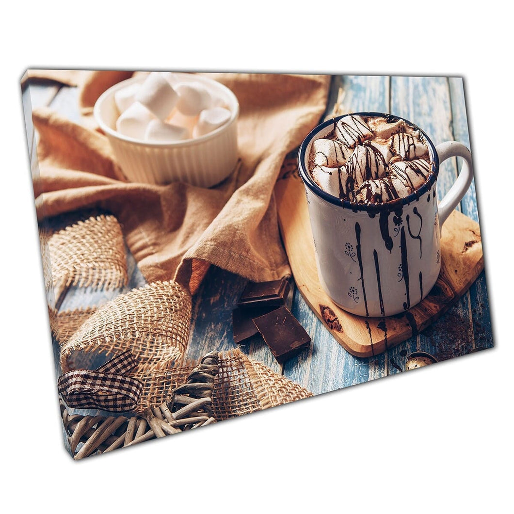 Cioccolata calda schiumosa con marshmallow e salsa al cioccolato café estetico bere bevande art stampato su tela in tela