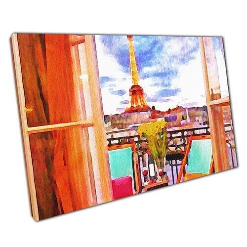 Stampa su tela Porta del balcone Parigi Vista in WaterColor Wall Art Stampa di tela montata