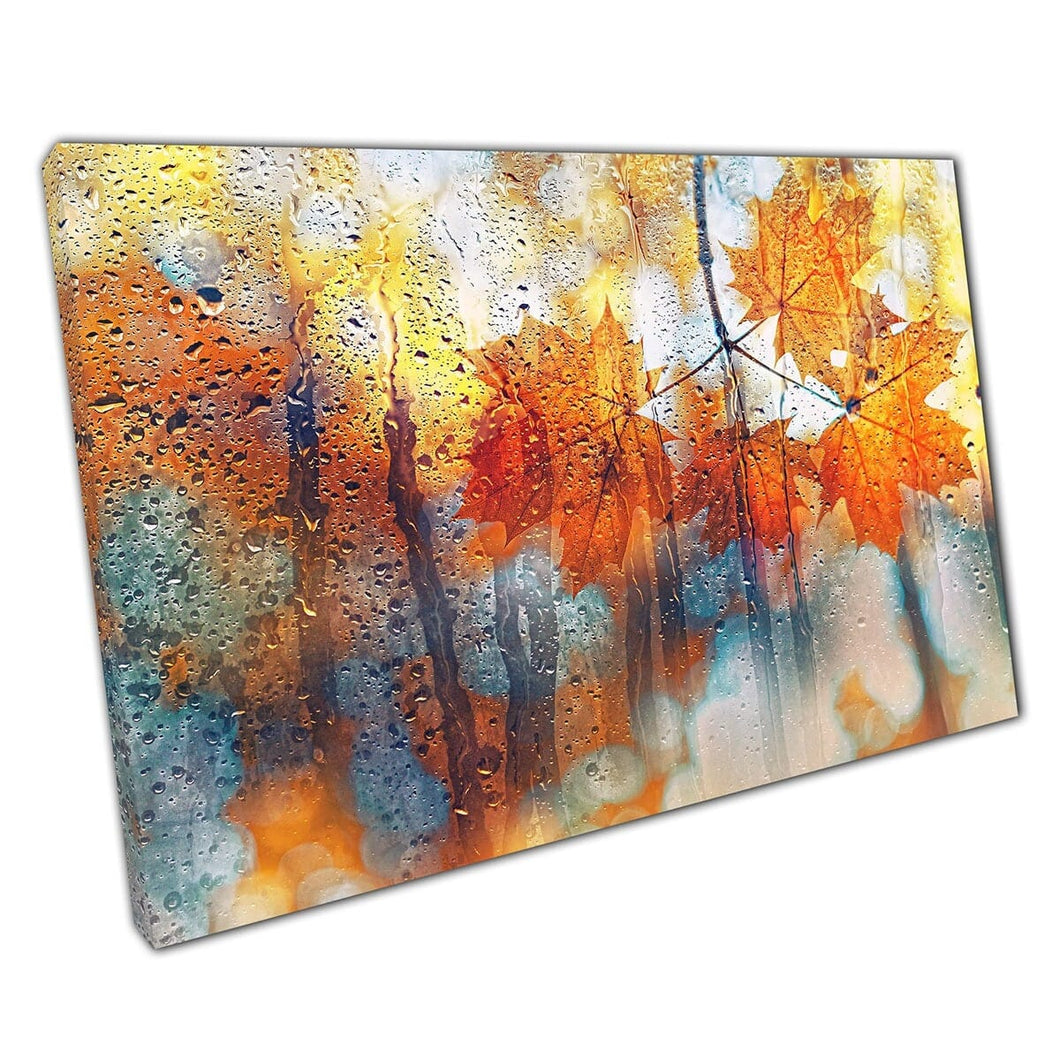 Autumn Orange Maple Leaves Against Rainfall On Glass Abstract Composition Photography Wall Art Print On Canvas Mounted Canvas print