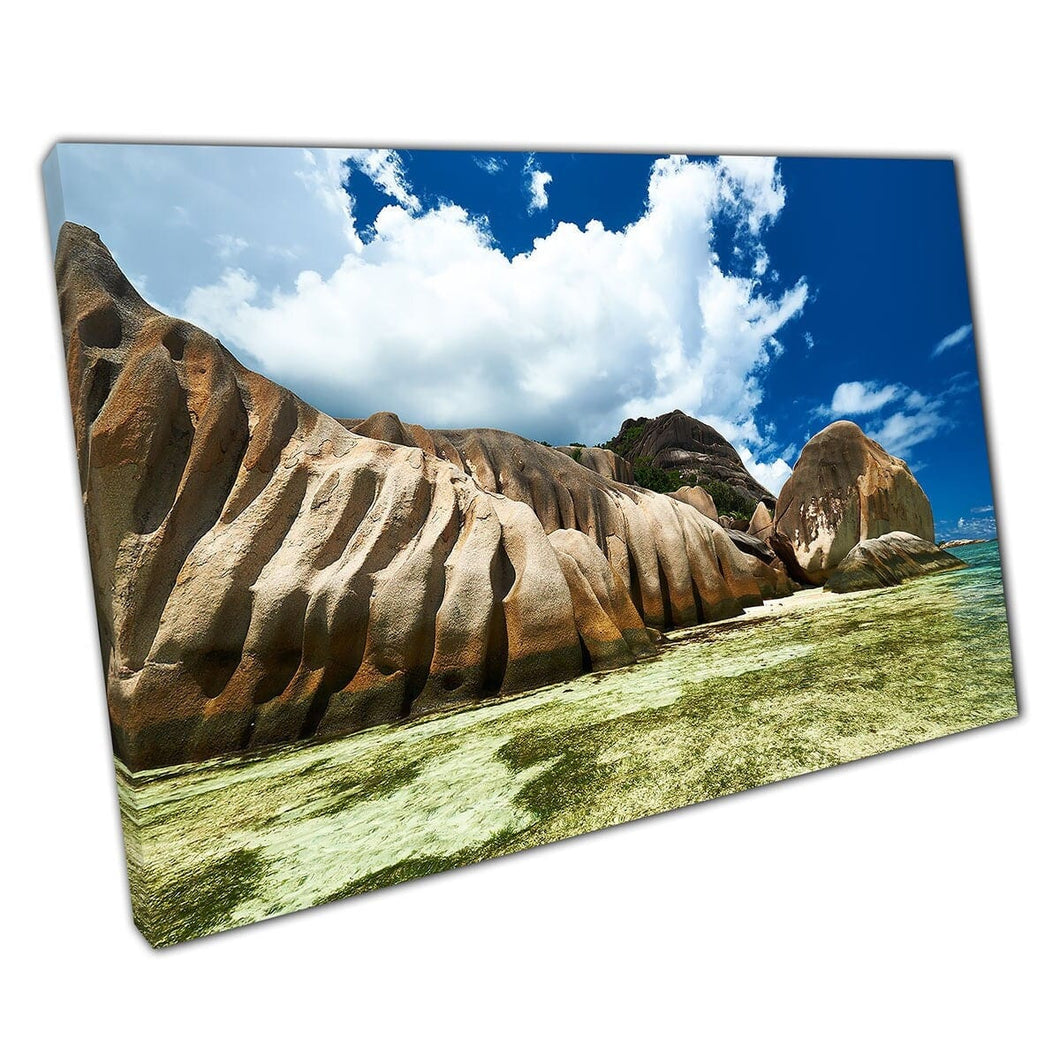 Seascape con straordinaria formazione rocciosa naturale anse fonte d'argent seychelles carta d'arte da parete su tela stampata stampata in tela