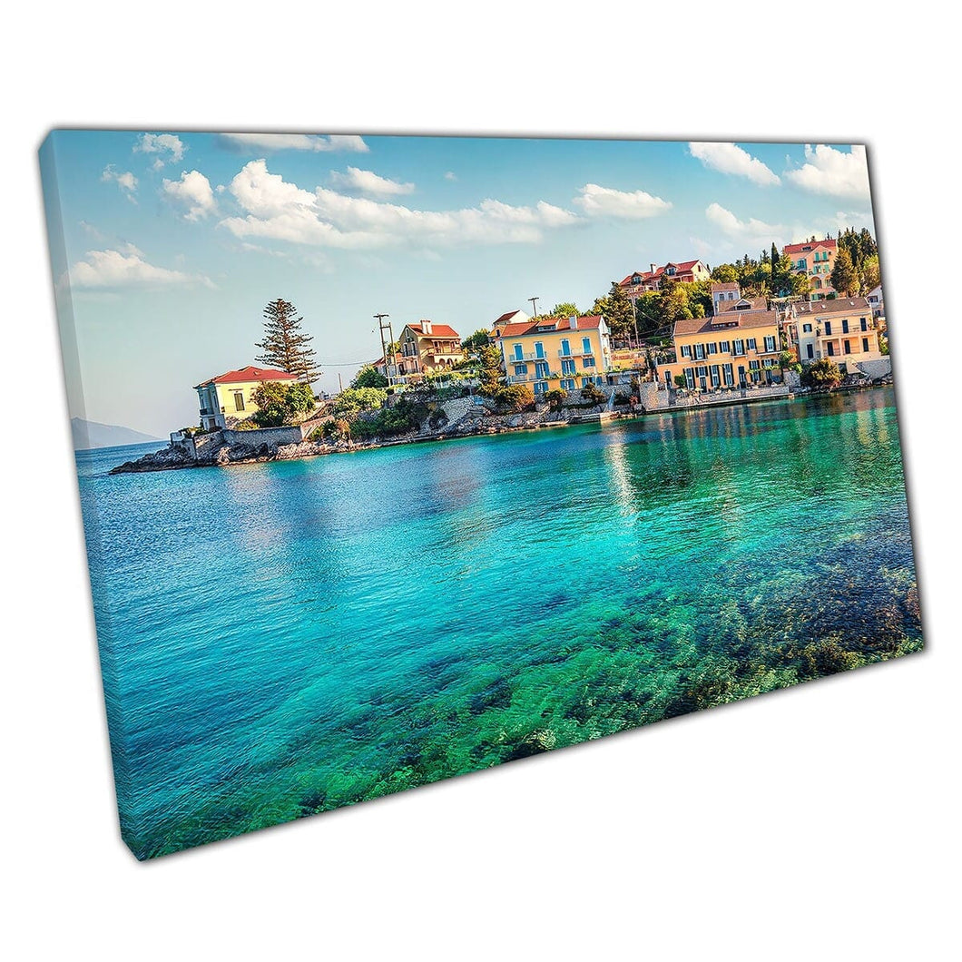 Beautiful Cityscape Fiskardo Town With Zavalata Beach Kefalonia Island Greece Wall Art Print On Canvas Mounted Canvas print