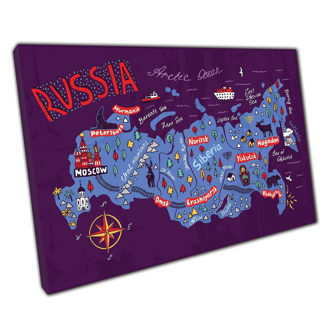 Cartoon geïllustreerde levendige kaart van Rusland Wall Art Print op canvas gemonteerde canvas print
