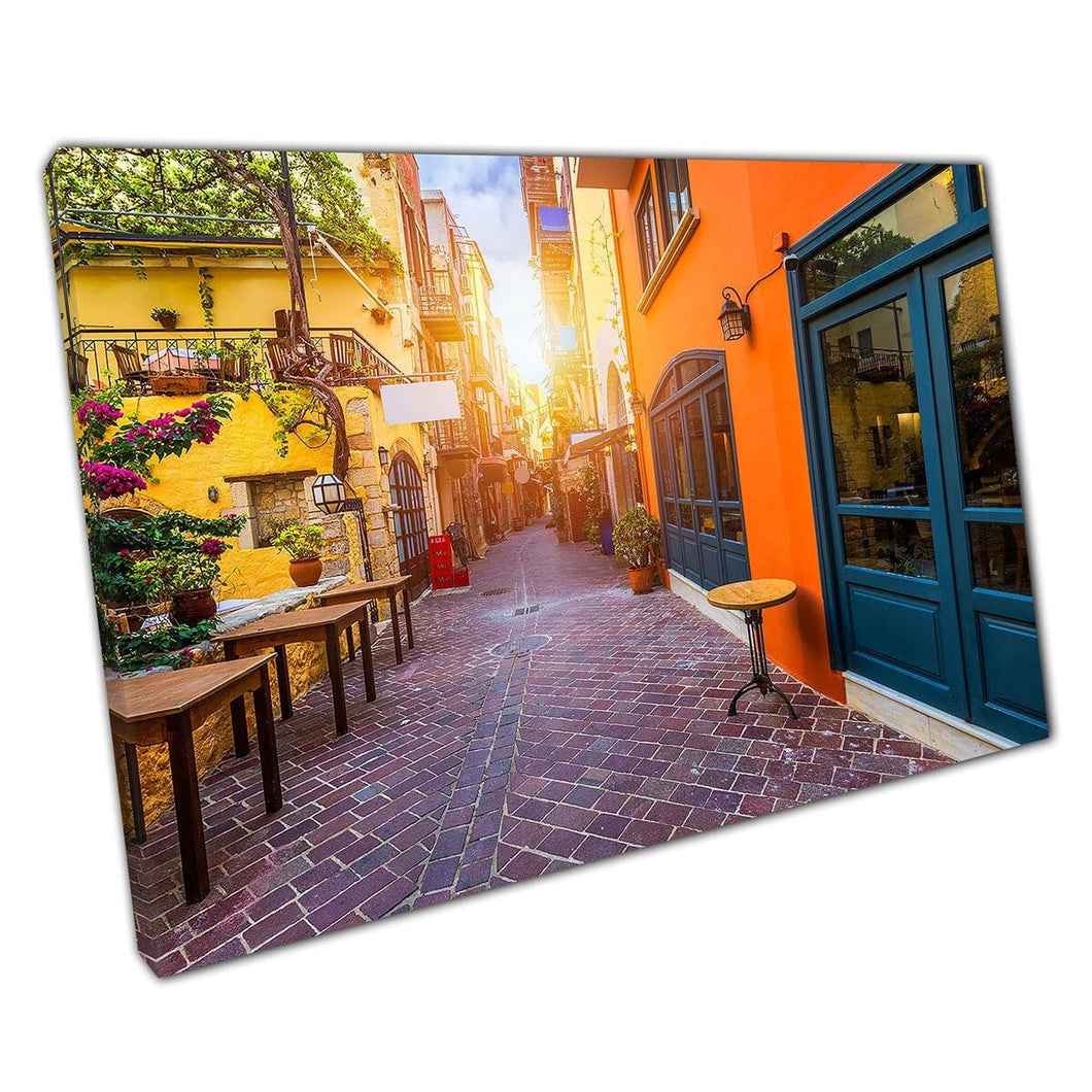 Sun Shining On A Vibrant Colourful Old Street Of Chania Crete Greek Island Greece Wall Art Print On Canvas Mounted Canvas print
