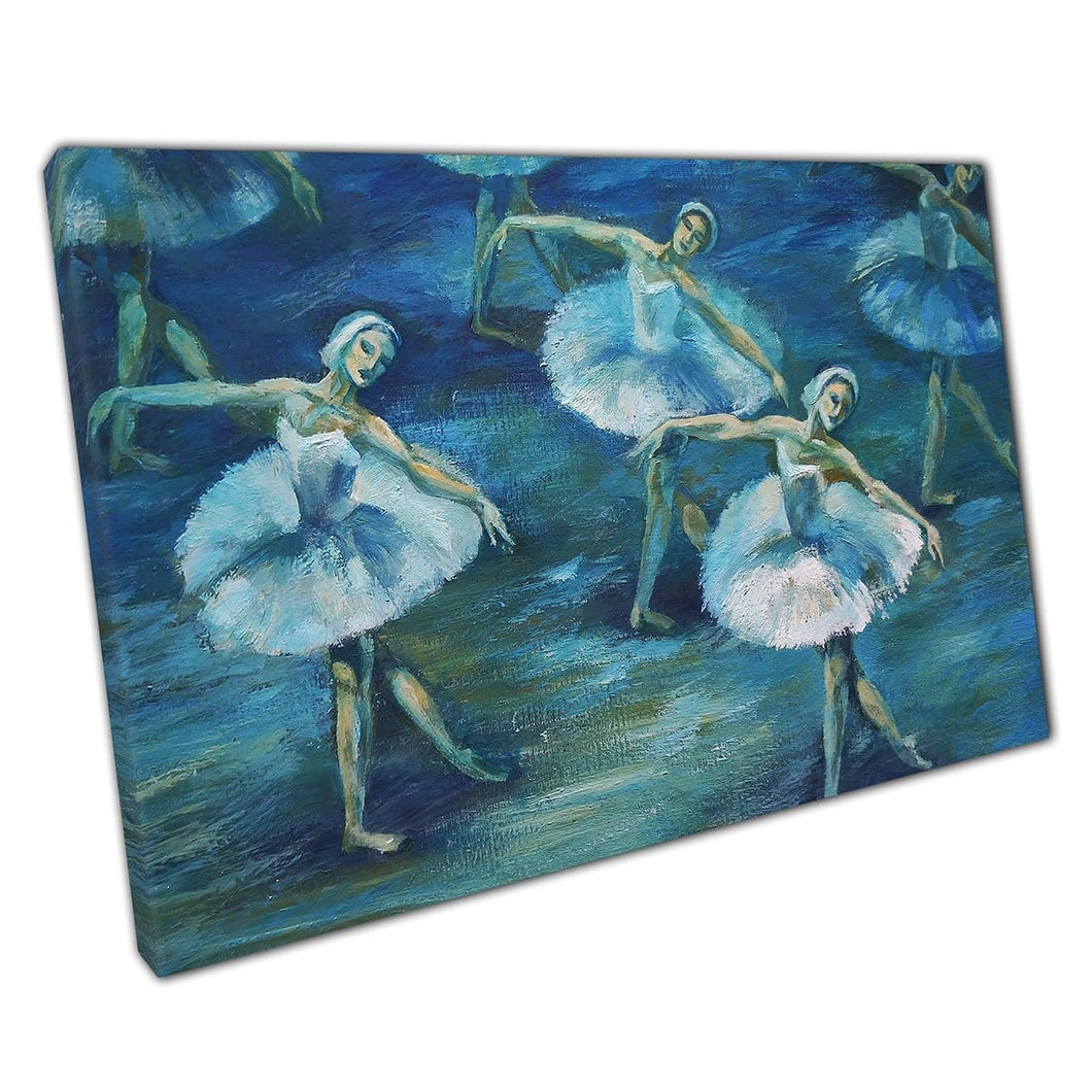 Swan Lake Ballet ballerini che eseguono routine blu tonificata elegante verniciatura da parete print di tela su tela stampa di tela montata