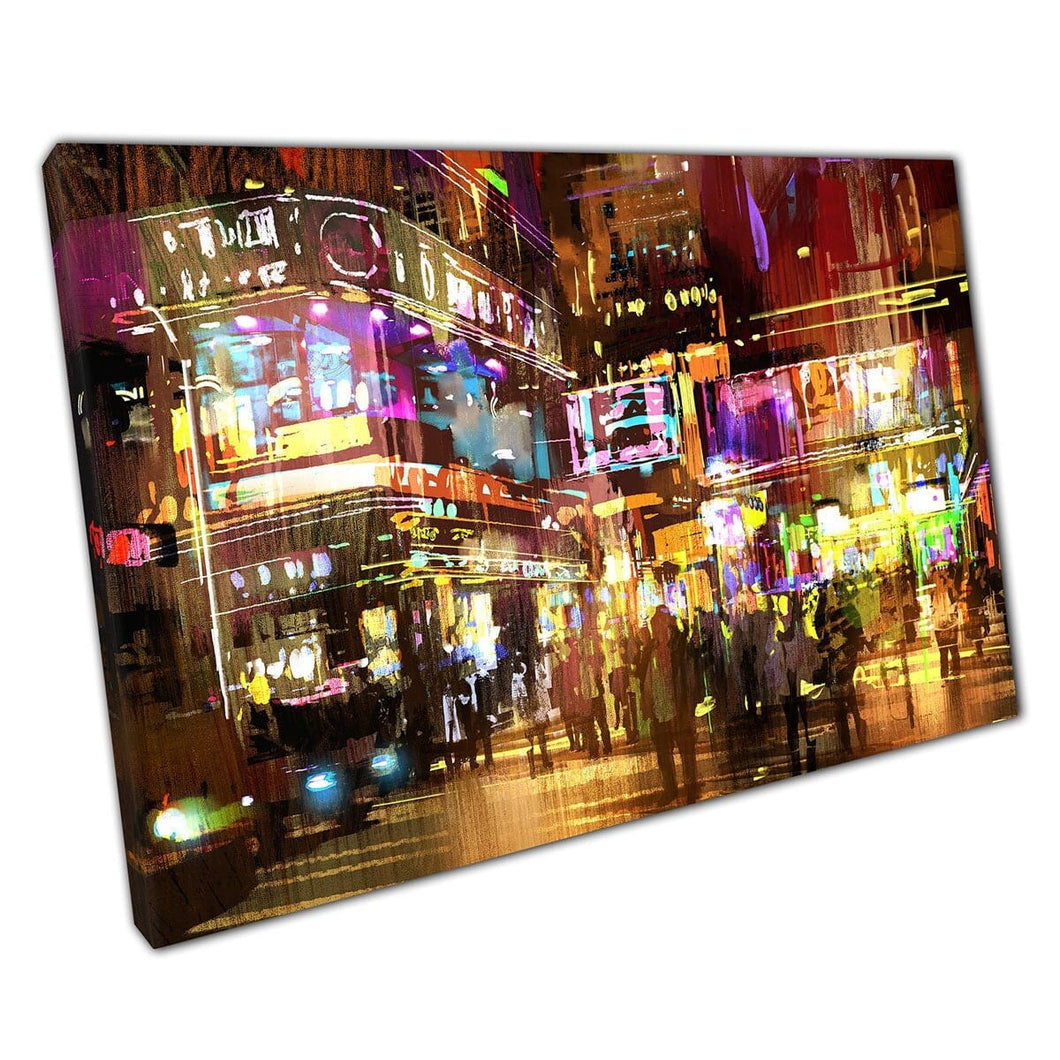 Drukke levendige straat gevuld met neonlichten die de Night City Illustratie Wall Art Print op canvas gemonteerd canvas print verlichten