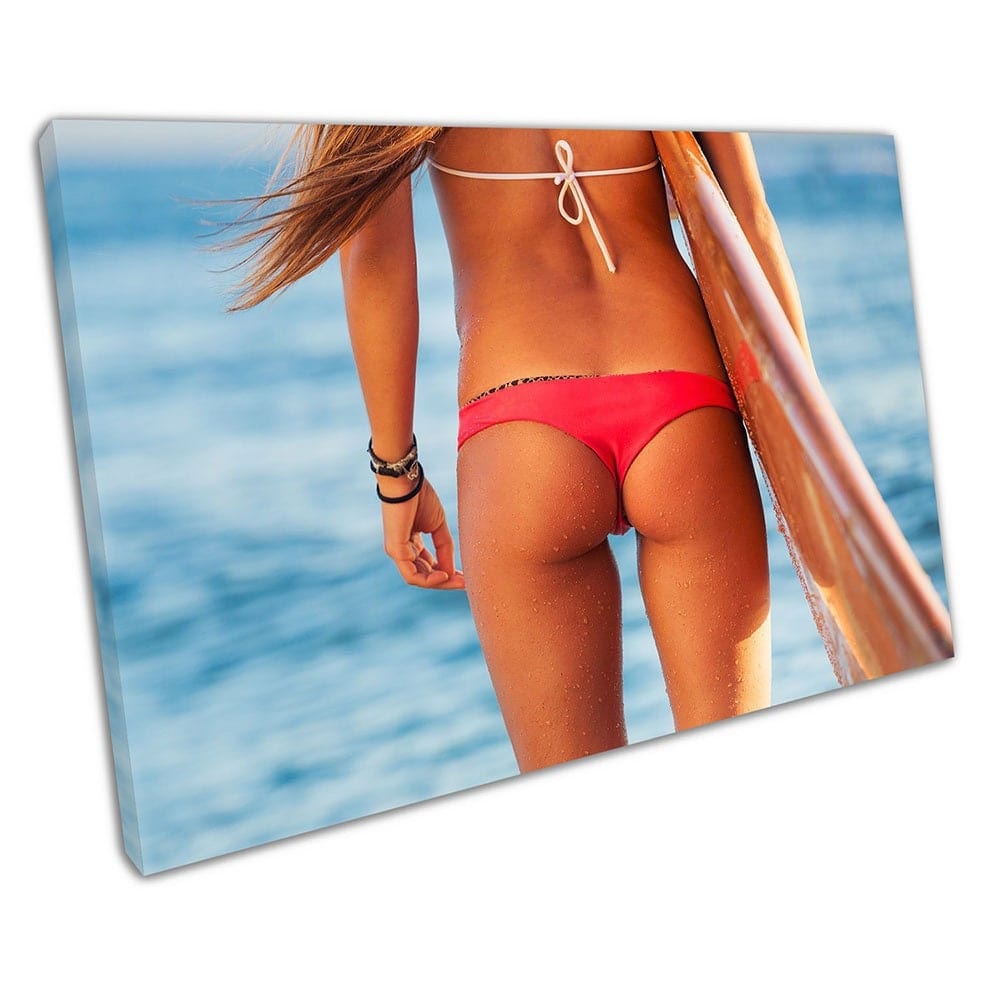 Mooie surfer meisje dame in sexy rode bikini met surfplank canvas muur kunst print gemonteerd canvas print