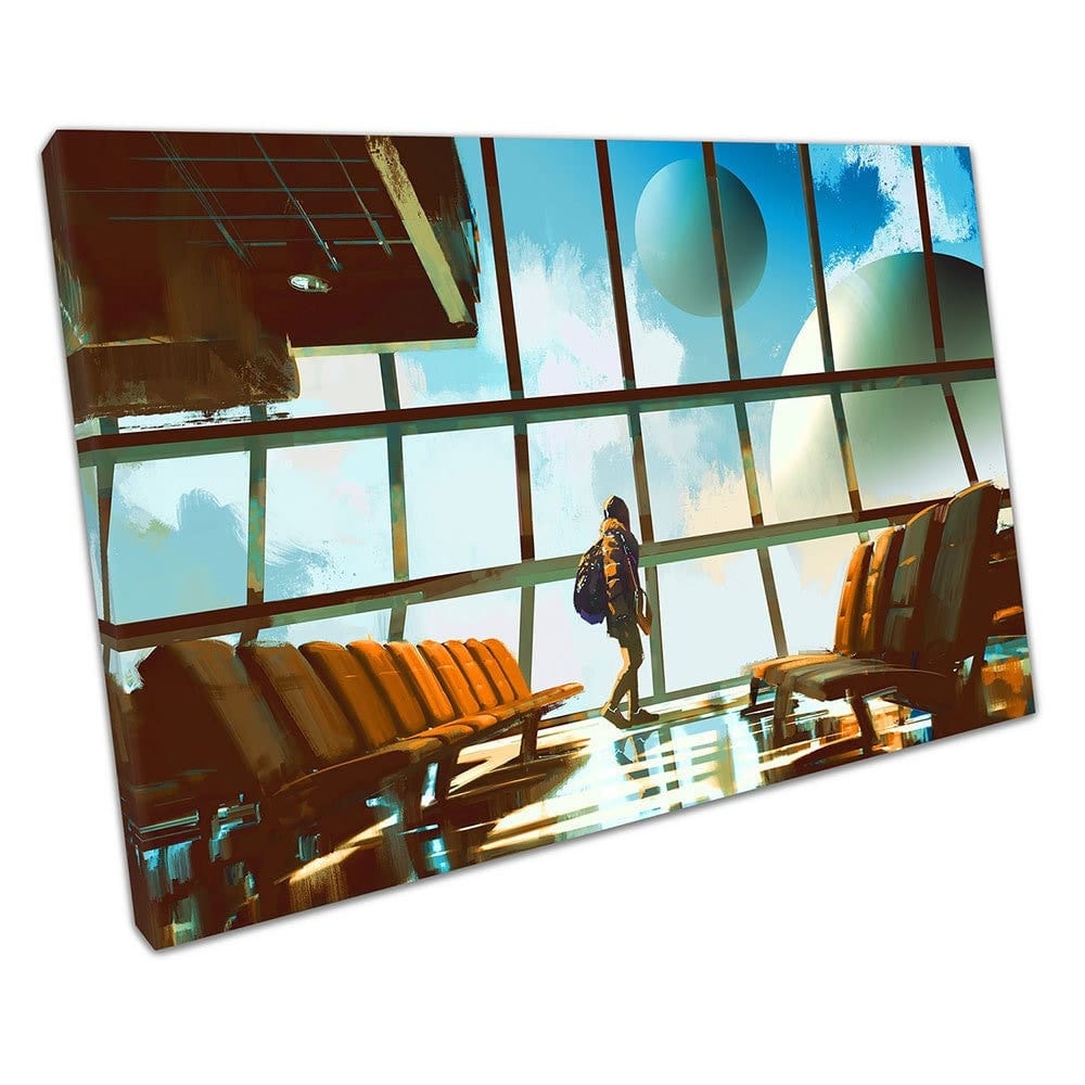 Jong meisje dat in de luchthavenlounge loopt, kijkend naar de planeten die klaar zijn om muurwand te hangen, gemonteerde canvas print